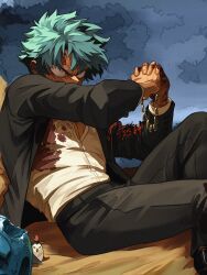  1boy absurdres angry black_jacket black_pants black_shoes blood blood_on_clothes boku_no_hero_academia buttons commentary constricted_pupils covered_mouth crying crying_with_eyes_open dress_shirt fine_art_parody furious green_eyes green_hair highres holding holding_jewelry holding_necklace interlocked_fingers jacket jewelry long_sleeves looking_ahead male_focus midoriya_izuku necklace open_clothes open_jacket overcast own_hands_clasped own_hands_together pants parody pollompiro scar scar_on_face scar_on_hand shirt shoes short_hair sitting sky solo spanish_commentary suit_jacket tears the_fallen_angel_(painting) vlizz white_shirt 