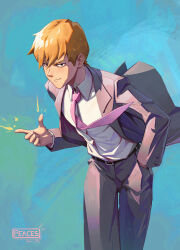  1boy blonde_hair blue_background closed_mouth commentary formal_clothes grey_jacket highres jacket male_focus mob_psycho_100 necktie pants peaceablecolt reigen_arataka shirt short_hair simple_background smile solo solo_focus suit white_shirt 
