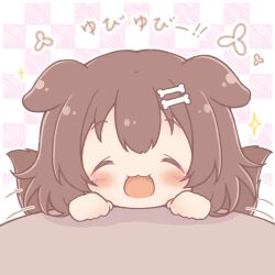  1girl :d ^_^ afterimage animal_ears blush bone_hair_ornament cartoon_bone checkered_background chibi closed_eyes commentary_request dog_ears dog_girl dog_tail facing_viewer fang hair_ornament hands_up highres hololive inugami_korone mitarashi_neko motion_lines smile solo tail tail_wagging translation_request virtual_youtuber 