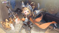  ahoge animal animal_ears arm_guards armor armored_bodysuit armored_boots black_gloves blonde_hair blue_eyes bodystocking bodysuit boots breastplate cape cat cat_girl cat_tail combat_helmet crotch_plate faceplate fang gloves helmet highres kitty_(starward) knife leg_armor legs official_art one_eye_closed pauldrons polearm shield short_hair shoulder_armor staff standing starward stretching tail thick_eyebrows weapon yellow_cape 