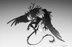  1boy claws commentary dimitri_alexandre_blaiddyd dimitri_alexandre_blaiddyd_(timeskip) elelror english_commentary feathered_wings fire_emblem fire_emblem:_three_houses from_side full_body greyscale highres horns leaf looking_at_viewer male_focus monochrome monster_boy monsterification parted_bangs profile simple_background solo tail twig twitter_username wings 