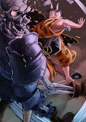  1girl 1other absurdres armor black_hair breastplate broken_bone broken_skull brown_gloves chainmail chipped_tooth club_(weapon) commentary_request dungeon_meshi gloves glowing glowing_eyes highres hitting horns inutade japanese_clothes kanabou kimono oni short_kimono showtime4274 skeleton skin-covered_horns tall_female torn_clothes undead weapon 
