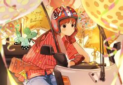  1girl :| animal_balloon bag balloon black_eyes blue_pants blurry blush brown_bag brown_gloves charm_(object) closed_mouth commentary cowboy_shot depth_of_field gloves happy_birthday head_rest helmet long_hair looking_at_viewer motor_vehicle motorcycle on_motorcycle orange_hair original pants red_shirt sakurada_kayoko shirt solo sticker_on_helmet striped_clothes striped_shirt white_background 
