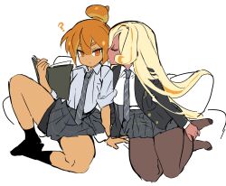  2girls ? black_socks blonde_hair book cookie_run cookie_run:_ovenbreak croissant_cookie curly_sidelocks dark-skinned_female dark_skin grey_necktie grey_skirt hair_bun highres holding holding_book humanization kiss kissing_cheek long_hair long_sleeves multicolored_hair multiple_girls necktie ohta_guk_hip orange_hair orange_streaks pantyhose school_uniform selfcest simple_background single_hair_bun skirt socks streaked_hair timekeeper_cookie tsurime two-tone_hair white_background yuri 