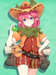  1girl absurdres belt blue_eyes blush chinese_commentary closed_mouth commentary_request cowboy_shot esi_(roco_kingdom:_world) explosive green_background grenade hand_on_own_hip hat highres holding jacket looking_at_viewer pink_hair pointy_ears puffy_short_sleeves puffy_shorts puffy_sleeves roco_kingdom roco_kingdom:_world scarf short_sleeves shorts smile solo vest xiongji_z_z 