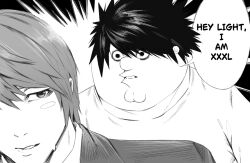  2boys blazer blush_stickers cleft_chin cosplay death_note family_guy fat fat_man greyscale jacket kowai_(iamkowai) l_(death_note) l_(death_note)_(cosplay) male_focus monochrome multiple_boys peter_griffin school_uniform shirt speech_bubble spiky_hair sweatdrop yagami_light 
