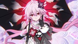  1girl black_gloves chinese_commentary closed_mouth commentary_request dress evernight_(honkai:_star_rail) flower glass_shards gloves hair_between_eyes hair_flower hair_ornament highres holding holding_umbrella honkai:_star_rail honkai_(series) index_finger_raised long_hair long_sleeves looking_at_viewer march_7th_(honkai:_star_rail) pink_hair red_eyes solo umbrella xiaohutu 