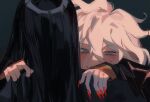  2boys artist_name black_background black_jacket blush closed_mouth danganronpa_(series) danganronpa_another_episode:_ultra_despair_girls daniel_(breloomings) grey_eyes grey_hair hair_between_eyes half-closed_eyes highres hug jacket kamukura_izuru komaeda_nagito long_hair long_sleeves messy_hair multiple_boys nail_polish red_nails servant_(danganronpa) simple_background smile 