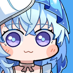  1girl :3 blue_background blue_hair blue_pupils blue_veil chibi chibi_only commentary long_hair looking_at_viewer portrait shorekeeper_(wuthering_waves) solo two-tone_veil twomoon veil violet_eyes white_veil wuthering_waves 
