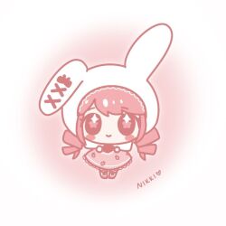  1girl animal_costume animal_ear_hood animal_ears blush_stickers boots border bow brown_eyes carrot_print character_name chibi chinese_commentary cloak closed_mouth commentary_request drill_hair ear_bow eyelashes flower flower_in_eye food_print hair_through_hood happy heart high-waist_skirt hood hood_up hooded_cloak knee_boots lace-trimmed_shirt lace-trimmed_skirt lace-up_boots lace_trim long_hair looking_at_viewer medium_skirt nikki_(nikki) nikki_(series) one_ear_down outline pink_background pink_flower pink_hair pink_skirt pink_theme print_skirt rabbit_costume rabbit_ears rayman_limbs red_bow red_shirt round_border shirt skirt smile solo stitches straight-on symbol_in_eye tareme twin_drills white_boots white_border white_cloak white_outline yezhi073 