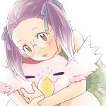  1girl blue_ribbon blush brown_eyes digimon digimon_(creature) digimon_adventure_02 gdn0522 glasses hair_ribbon highres hug inoue_miyako poromon purple_hair ribbon short_twintails sitting twintails white_background 