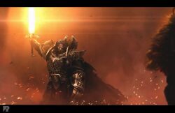  2boys armor artist_logo artist_name battle black_border black_hair border breastplate cape chaos_(warhammer) clawed_gauntlets commentary embers emperor's_sword_(warhammer) emperor_of_mankind english_commentary father_and_child father_and_son fire flaming_sword flaming_weapon full_armor full_body gauntlets glowing glowing_sword glowing_weapon gold_armor gorget greaves holding holding_sword holding_weapon horus_lupercal imperial_aquila imperium_of_man logo long_hair multiple_boys orange_theme ornate_armor parent_and_child pauldrons pelt power_armor primarch red_cape richard_bagnall shoulder_armor standing sword warhammer_40k weapon wolf_pelt 
