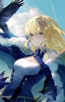  1girl ahoge artoria_pendragon_(fate) bird blonde_hair blue_dress blue_sky breasts clouds dress fate_(series) green_eyes hair_between_eyes highres long_sleeves medium_hair nigiri outdoors sky small_breasts smile solo upper_body 