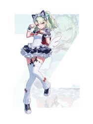  1girl absurdres apron commentary frilled_apron frills full_body garter_straps green_eyes green_hair highres leg_warmers looking_at_viewer maid maid_apron maid_headdress multiple_hair_clips official_alternate_costume pigeon-toed retto_7b solo striped_leg_warmers sunna_(afternoon_tea_break)_(zenless_zone_zero) sunna_(zenless_zone_zero) thigh-highs unconventional_maid white_apron white_garter_straps white_leg_warmers white_thighhighs white_wings wings zenless_zone_zero 