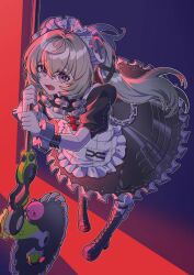  1girl apron black_boots black_dress boots chain circular_saw corin_wickes cuffs dress green_hair hair_between_eyes highres holding holding_weapon knee_boots long_hair looking_at_viewer maid maid_apron maid_headdress puffy_short_sleeves puffy_sleeves saw screw_hair_ornament shima222nd short_sleeves solo twintails violet_eyes weapon zenless_zone_zero 