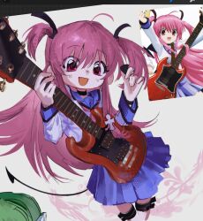  1girl :d angel_beats! art_program_in_frame blue_skirt demon_tail fang foreshortening guitar highres holding holding_guitar holding_instrument instrument long_hair looking_at_viewer open_mouth perspective pink_eyes pink_hair rainyy reference_inset school_uniform serafuku shinda_sekai_sensen_uniform shirt skirt smile solo tail two_side_up very_long_hair white_shirt yui_(angel_beats!) 