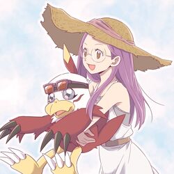  1girl 1other :d animal belt brown_eyes digimon digimon_(creature) digimon_adventure_02 dress gdn0522 glasses hat hawkmon highres holding holding_animal hug inoue_miyako long_hair purple_hair smile straw_hat sun_hat sunglasses 