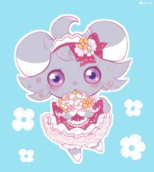  blue_background bouquet dress espurr flower grey_fur pink_dress pink_headdress pokemon pyon_ko simple_background violet_eyes white_flower 