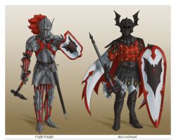 2boys armor axe basil_the_bat_lord besagew boots brown_background cape chainmail covered_face full_body gradient_background greaves hammer helmet highres lego_castle looking_at_viewer medieval multiple_boys pants realistic red_eyes riding_boots sabaton shield simple_background the_lego_group white_pants 