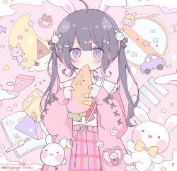  1girl ahoge animal animal_ears belt black_hair blunt_bangs blush bow bowtie cardigan carrot closed_mouth commentary_request dot_nose double-parted_bangs fang fang_out food frilled_sailor_collar frills highres hinase01 holding holding_food long_hair looking_at_viewer multicolored_hair open_cardigan open_clothes original pink_belt pink_cardigan pink_skirt pink_streaks plaid_clothes plaid_skirt pleated_skirt rabbit rabbit_ears rabbit_girl red_bow red_bowtie sailor_collar school_uniform serafuku skin_fang skirt solo streaked_hair twintails upper_body violet_eyes white_sailor_collar 