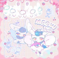 1girl blue_fur border box cherry chibi chibi_inset closed_mouth colored_sclera eyelashes food fruit full_body furry furry_female heart-shaped_box highres looking_at_viewer meowstic meowstic_(female) mnstrooone multiple_tails multiple_views neck_fur pink_border pokemon pokemon_(creature) red_eyes simple_background solo standing strawberry tail two-tone_fur two_tails white_fur yellow_background yellow_sclera 