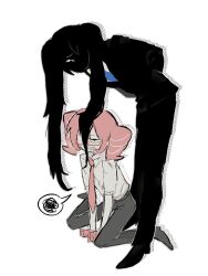  2girls another_cup_(synthesizer_v) black_jacket black_pants black_shoes collared_shirt commentary dress_shirt drill_hair formal_clothes full_body hair_over_another's_face hatsune_miku hehe_pj jacket kasane_teto multiple_girls office_lady pants peanut_mouth shirt shoes simple_background sitting spoken_squiggle squiggle standing suit tearing_up twin_drills twintails v_arms wariza white_background white_shirt 