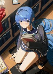  1girl :o absurdres arcana_(fortune_mate)_(nikke) arcana_(nikke) black_eyes black_sailor_collar black_shirt blue_hair blush book bookshelf commentary_request fingernails full_body goddess_of_victory:_nikke green_neckerchief hair_ornament hairpin highres holding holding_book kneeling korean_commentary legs long_fingernails long_hair long_sleeves looking_at_viewer looking_up michelan nail_polish neckerchief official_alternate_costume open_mouth sailor_collar shirt solo very_long_hair white_nails zipper 