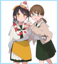  2girls :d anniversary apron black_hair blue_border blush border bow brown_cardigan brown_hair c2-chan c2_kikan cake-shaped_hat cardigan commentary_request feet_out_of_frame finger_counting from_side glasses green_eyes green_neckerchief green_skirt hair_bow heart highres id_card kantai_collection long_hair long_sleeves looking_at_viewer low_ponytail ma_rukan multiple_girls neckerchief open_cardigan open_clothes open_mouth outline outside_border pleated_skirt ponytail re-ka-chan sailor_collar shirt sidelocks signature simple_background skirt smile standing tilted_headwear waist_apron white_background white_outline white_sailor_collar white_shirt yellow_apron yellow_bow yellow_eyes 