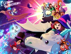  >_< >_o 6+boys 6+girls :> afro animal_costume animal_ears anniversary aqua_bow aqua_hair ball_hands bandaged_wrist bandages bandana black_cape black_hair black_hat blonde_hair blue_hat blue_robe bodysuit bow brown_eyes cape cat_(miitopia) cat_boy cat_costume cat_ears cat_tail character_name chef_(miitopia) chef_hat cleric_(miitopia) closed_eyes closed_mouth commentary_request disembodied_face dominic_(miitopia) dragon everyone facial_hair fake_animal_ears fake_horns fake_tail fake_wings flower_(miitopia) flying glasses goatee goggles goggles_on_headwear great_sage_(miitopia) green_bodysuit grey_hair griffin griffin_(miitopia) hair_bow hair_intakes hair_over_one_eye hat helm helmet highres holding holding_pitchfork hood hood_down hooded_robe horns imp_(miitopia_class) long_hair long_sleeves mage_(miitopia) medium_hair mii_(nintendo) miitopia monocle multiple_boys multiple_girls mustache nightender43948 one_eye_closed open_mouth orange_bandana pitchfork polka_dot polka_dot_bow pop_star_(miitopia) princess_(miitopia_class) reborn_(miitopia) red_bodysuit red_eyes riding riding_dragon robe round_eyewear scientist_(miitopia) smile sweatdrop tail tank_(miitopia) teeth thief_(miitopia) tiara top_hat upper_teeth_only vampire_(miitopia) warrior waving white_hat wings witch_hat 