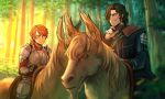  1boy 1girl armor black_hair commission english_commentary fire_emblem fire_emblem:_three_houses forest freckles gloves hair_over_one_eye highres horse hubert_von_vestra long_sleeves nature orange_hair outdoors ponytail riding riding_animal sethkiel tree 