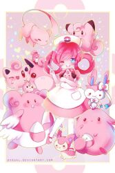 apron ayasal blissey blue_eyes cat chansey chibi clefairy cleffa dress hair_rings happiny holding holding_needle igglybuff jigglypuff mew_(pokemon) needle nurse nurse_joy pink_dress pink_hair pink_shoes pink_theme pokemon pokemon_(creature) shoes sketch skitty sylveon thigh-highs white_apron white_thighhighs wigglytuff 