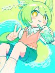  1girl :3 :q alternate_costume aqua_background black_shorts blush_stickers closed_mouth collared_shirt commentary_request cup dress_shirt drinking_straw feet_out_of_frame green_background green_hair hands_up holding holding_cup leg_warmers licking_lips long_hair looking_at_viewer low_ponytail melon_soda pink_sweater_vest shirt short_sleeves shorts solo song_name sweater_vest tongue tongue_out two-tone_background v voicevox white_leg_warmers white_shirt yasai_(saisaiya) yellow_eyes zundamon 