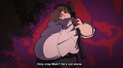  1boy black_eyes black_hair cleft_chin commentary cosplay english_commentary family_guy fat fat_man jacket jujutsu_kaisen kowai_(iamkowai) long_hair looking_at_viewer male_focus okkotsu_yuta okkotsu_yuta_(cosplay) peter_griffin solo very_long_hair weapon_bag white_jacket 