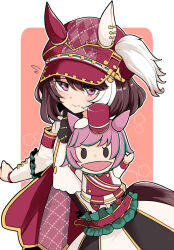  1girl animal_ears barashiya blush bow breasts brown_hair cape closed_mouth commentary_request ear_covers ears_through_headwear flying_sweatdrops hair_between_eyes hand_puppet hat highres horse_ears horse_girl jacket long_sleeves looking_at_viewer marche_lorraine_(racing)_(umamusume) marche_lorraine_(umamusume) mismatched_ear_covers puppet red_cape short_hair skirt solo umamusume violet_eyes white_jacket 