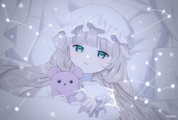  .live 1girl animal_ears blonde_hair capelet commentary_request constellation frilled_shirt_collar frilled_sleeves frills green_eyes hat hime_cut holding holding_stuffed_toy light_blush light_smile long_hair long_sleeves looking_at_viewer lying macila_b6d1e1 merry_milk mob_cap open_mouth outstretched_hand pink_bear sidelocks star_(symbol) stuffed_animal stuffed_toy teddy_bear white_background 