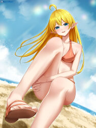  1girl absurdres ahoge alternate_breast_size_(larger) alternative_bust_size bare_arms bare_legs bare_shoulders beach bikini blonde_hair blue_eyes blue_sky blush breasts cleavage clouds collarbone commission commissioner_upload day dutch_angle earrings elf feet foot_out_of_frame highres jewelry knee_up legs long_hair looking_at_viewer lori_hagami lotte_farona medium_breasts ocean official_art on_ground open_mouth orange_bikini orange_swimsuit outdoors pointy_ears sand sandals sitting sky smile solo swimsuit thighs toenails toes water ways_of_darkness_(series) 