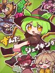  &gt;_&lt; 6+girls :3 ankomon antenna_hair black_footwear black_headwear black_jacket blonde_hair blue_hair blue_shorts blush_stickers boots bow bowtie brown_hair cauldron chibi chibi_inset commentary_request drinking edamame_(food) fang from_side green_background green_eyes green_hair green_shorts hands_up hat holding holding_staff jacket kasukabe_tsumugi long_hair looking_at_viewer looking_to_the_side low_ponytail multiple_girls multiple_persona one_side_up open_mouth outline pink_bow pink_bowtie pink_hair pink_shorts red_eyes redhead shorts skin_fang sleeves_past_wrists smile song_name staff stirring sunburst sunburst_background sweater v-shaped_eyebrows voicevox white_outline witch witch_hat yasai_(saisaiya) yellow_eyes yellow_shorts yellow_sweater zunda_shaking_(voicevox) zundamon 