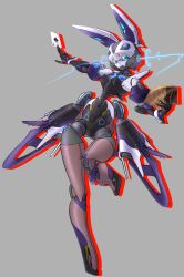  1girl 7eda_7hushi ace_(playing_card) ace_of_spades blue_eyes card commentary_request grey_background highres holding holding_card humanoid_robot joints mechanical_wings metal_skin original playing_card robot robot_ears robot_girl robot_joints science_fiction spade_(shape) wings 