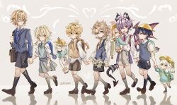 4girls 5boys :d absurdres abyss_mage_(genshin_impact) aether_(genshin_impact) aged_down ahoge albedo_(genshin_impact) aqua_bag aqua_bow aqua_bowtie aqua_eyes aqua_sweater_vest artist_name backpack bag bag_charm bandaid bandaid_on_cheek bandaid_on_face bandaid_on_leg black_hair black_horns black_shoes black_shorts black_socks blazer blonde_hair bloomers blue_bag blue_eyes blue_jacket blue_necktie blue_shirt blue_sweater_vest blunt_ends blush bow bowtie braid braided_ponytail briefcase brother_and_sister brown_bag brown_hair brown_shorts brown_sweater_vest carrying character_charm charm_(object) child closed_eyes closed_mouth collared_shirt commentary cross-shaped_pupils crossed_bangs dainsleif_(genshin_impact) dodoco_(genshin_impact) dragon_boy dragon_horns dragon_tail dragon_wings durin_(genshin_impact) earrings english_commentary expressionless eyepatch feather_hair_ornament feathers flower genshin_impact gradient_hair green_eyes grey_background grey_shorts grey_skirt hair_between_eyes hair_flower hair_ornament half_up_half_down_braid hat highres holding_hands horns jacket jewelry kindergarten_uniform klee_(genshin_impact) kneehighs lapels long_hair long_sleeves looking_at_another looking_at_viewer looking_back lumine_(genshin_impact) medical_eyepatch medium_hair mini_durin_(genshin_impact) mole mole_under_eye multicolored_hair multiple_boys multiple_girls nahida_(genshin_impact) neck_ribbon necktie one_eye_covered open_mouth paimon_(genshin_impact) parted_bangs pleated_skirt pointy_ears pom_pom_(clothes) purple_bag purple_hair purple_ribbon purple_streaks randoseru red_eyes ribbon rinjkk scaramouche_(cat)_(genshin_impact) scaramouche_(genshin_impact) school_briefcase school_hat school_uniform shirt shoes short_hair short_hair_with_long_locks short_shorts short_sleeves shorts siblings side_ponytail sidelocks single_earring single_hair_intake sir_pouncelot_(genshin_impact) skirt sleeves_rolled_up smile socks standing streaked_hair sweater_vest symbol-shaped_pupils tail twitter_username v-shaped_eyebrows violet_eyes walking wanderer_(genshin_impact) white_bag white_bloomers white_flower white_hair white_shirt white_socks wing_collar wings yellow_eyes yellow_hat yellow_necktie 