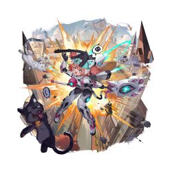  animal_ears bodysuit cat cat_girl cat_tail explosion fang highres kitty_(starward) mechanical_arms mechanical_legs official_alternate_costume official_art red_hair shield short_hair staff starward tail thighs thrusters two_side_up 