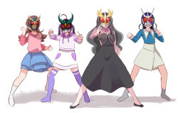 4girls ahoge another_agito aokaze_nana black_hair blue_hair brown_hair character_mask dress full_body horns kamen_rider kamen_rider_agito kamen_rider_agito_(series) kamen_rider_g3-x kamen_rider_gills kimi_to_idol_precure long_hair long_sleeves mask meroron_(precure) mitumi_mira multiple_girls precure purple_hair purple_thighhighs sakura_uta_(precure) shigure_kokoro shirt skirt thigh-highs twintails white_background