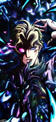  1boy 1other absurdres animal_ears artist_name blonde_hair blood blood_on_face blue_eyes blue_skin cat_ears colored_sclera colored_skin conjoined diamond_wa_kudakenai english_commentary gloves glowing glowing_eye green_shirt heterochromia highres holding_limb horror_(theme) jacket jojo_no_kimyou_na_bouken killer_queen kira_yoshikage looking_at_viewer male_focus noonvincent parted_lips pink_jacket pink_sclera purple_gloves red_nails shirt short_hair single_glove slit_pupils solo stand_(jojo) suit_jacket 
