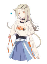  1girl :o absurdres animal_collar animal_ears arm_warmers aru_(purepur8) belt blonde_hair blue_skirt cat_ears cat_girl cat_tail clothes_writing collar colored_eyelashes commentary cropped_legs flipped_hair gakuen_idolmaster gradient_hair grey_hair hair_ornament hairclip hairpin half-skirt hand_to_own_mouth highres idolmaster kemonomimi_mode long_hair looking_at_viewer multicolored_hair multiple_hairpins official_alternate_costume orange_eyes parallel_hairclips paw_print pleated_skirt shinosawa_hiro shirt simple_background skirt solo tail undershirt white_arm_warmers white_background white_shirt 