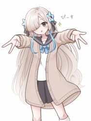  1girl :p alternate_costume anemone_(flower) black_sailor_collar black_serafuku black_skirt blue_hair blunt_bangs blush breasts cardigan commentary_request flower grey_eyes grey_hair gyaru_v hair_ribbon highres isekaijoucho kamitsubaki_studio long_hair long_sleeves looking_at_viewer loose_socks nail_polish open_cardigan open_clothes pleated_skirt ribbon sailor_collar school_uniform serafuku sidelocks skirt small_breasts socks t_masoppu tongue tongue_out v virtual_youtuber white_nails 