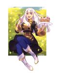  1girl artist_name boots border breasts cake fire_emblem fire_emblem:_three_houses food fork full_body garreg_mach_monastery_uniform highres holding holding_fork holding_plate long_hair long_sleeves lysithea_von_ordelia open_mouth pantyhose pink_hair plate sethkiel small_breasts solo teeth tongue watermark white_border white_hair 