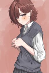  1girl absurdres black_skirt blush brown_hair commentary_request grey_sweater_vest highres higuchi_madoka idolmaster idolmaster_shiny_colors looking_at_viewer mole mole_under_eye pleated_skirt red_eyes saohahu school_uniform shirt short_hair skirt solo sweater_vest white_shirt 