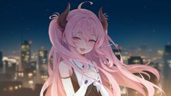  1girl :d absurdres ahoge bare_shoulders black_horns blurry blurry_background blush building cityscape commentary_request detached_sleeves enokinoko1010 fang hair_between_eyes half-closed_eyes hands_on_own_chest hands_up highres horns indie_virtual_youtuber long_hair night open_mouth pink_eyes pink_hair sidelocks skin_fang smile solo star_(sky) upper_body virtual_youtuber white_sleeves 