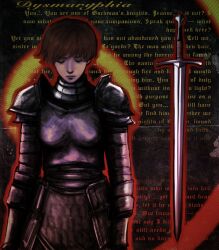  1girl :| androgynous armor arms_at_sides blackletter boobplate breastplate brown_hair closed_eyes closed_mouth commentary cowboy_shot d'arce_(fear_&amp;_hunger) dysmaryphia english_text expressionless faulds fear_&amp;_hunger_(series) fear_&amp;_hunger_1 french_commentary gauntlets head_down highres lips nose outline pauldrons plate_armor red_aura red_outline short_hair shoulder_armor solo standing sword tomboy very_short_hair weapon yellow_aura 