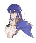  1boy ascot black_collar blue_cape blue_eyes cape collar detached_collar fire_emblem fire_emblem:_genealogy_of_the_holy_war headband highres julianlynnnn light_smile portrait seliph_(fire_emblem) solo sparkle white_ascot white_background white_headband 