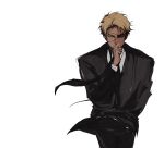  1boy black_necktie black_suit blue_shirt blush brown_eyes collared_shirt cowboy_shot eyepatch highres inoji_73 jujutsu_kaisen long_sleeves looking_at_viewer male_focus nanami_kento necktie shirt solo standing suit 